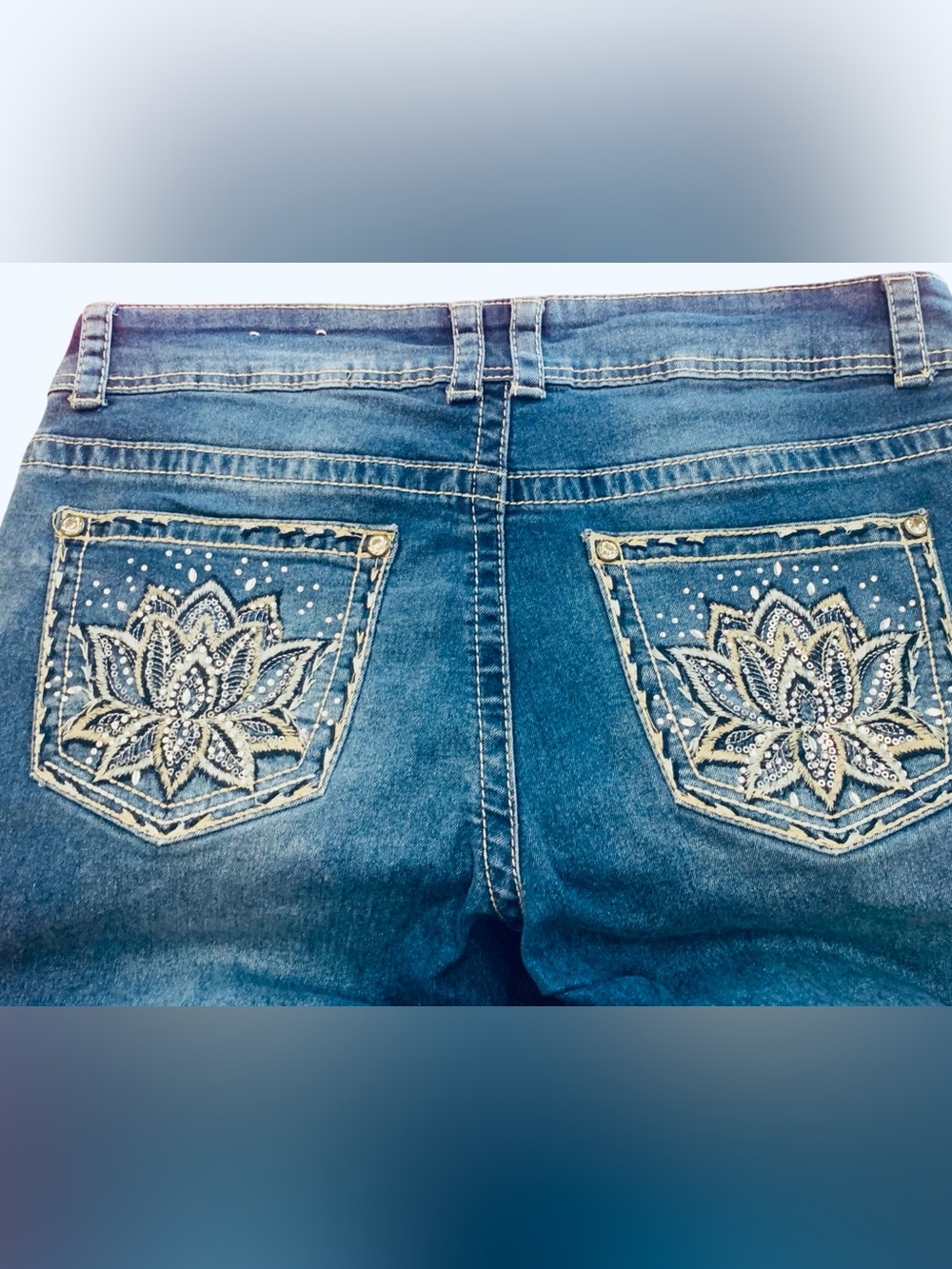 Vintage Copper Flash Curvy Bootcut Embroidered Bling Lotus Flower Pockets SZ 12 - Picture 8 of 9